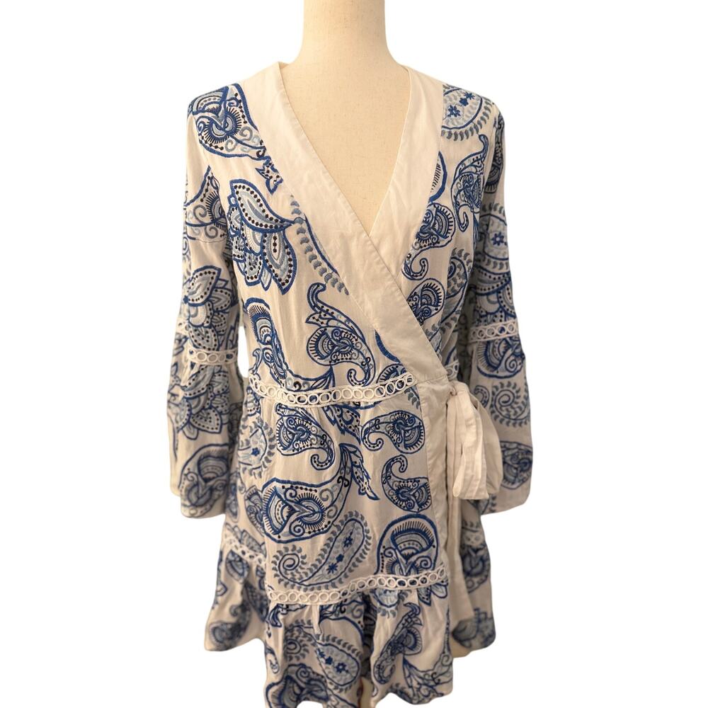 Kasia Dress Embroidered Paisley Wrap Blue White Size M